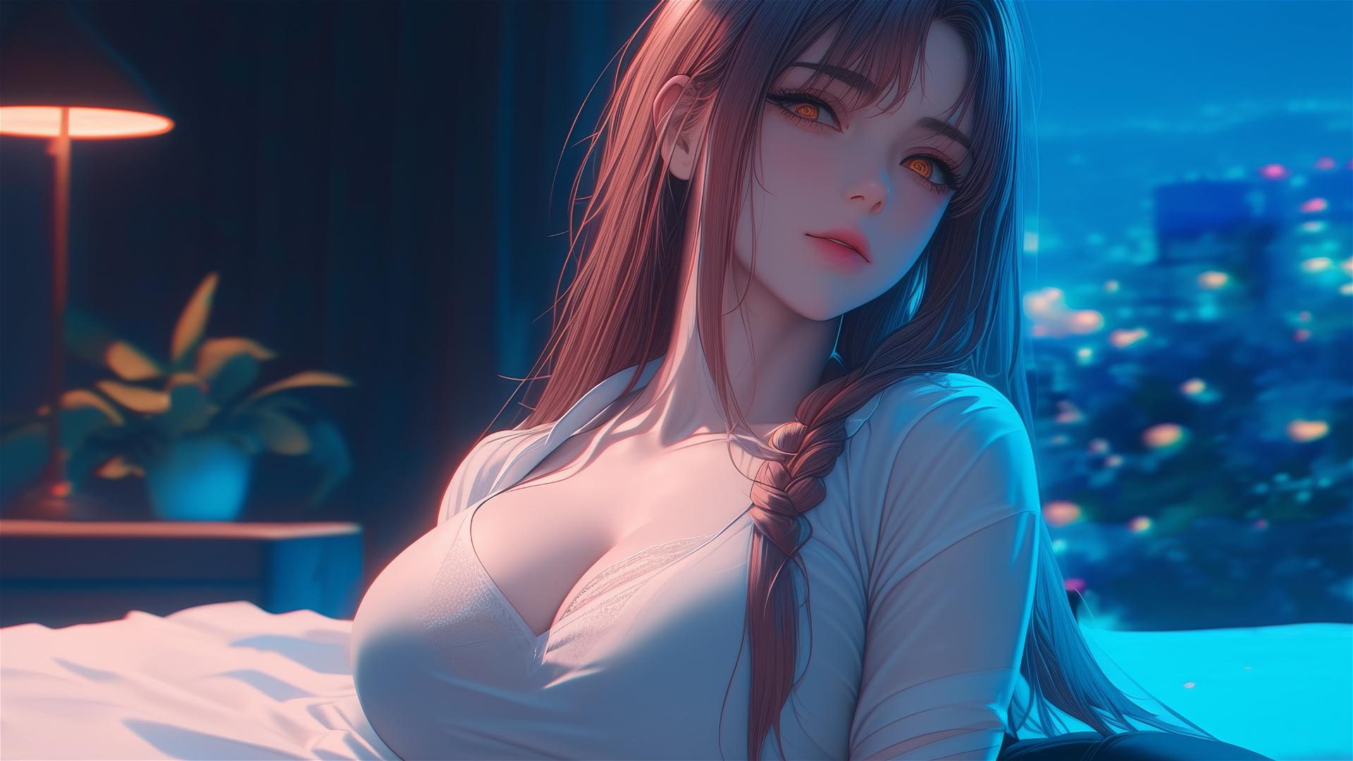 Makima from Chainsaw Man resting in moonlit apartment with blond and reddish hair