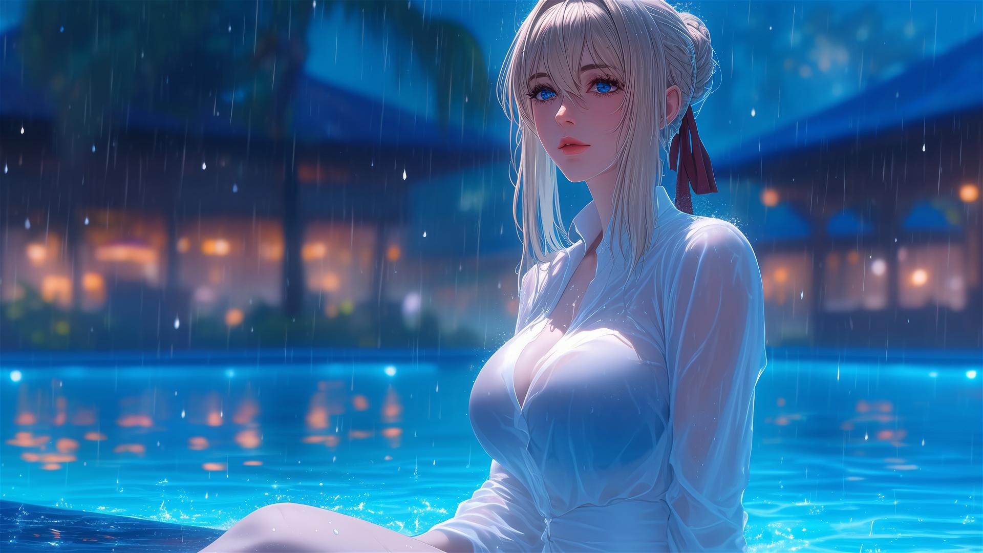 Violet Evergarden resting by a rainy swimming pool under moonlight