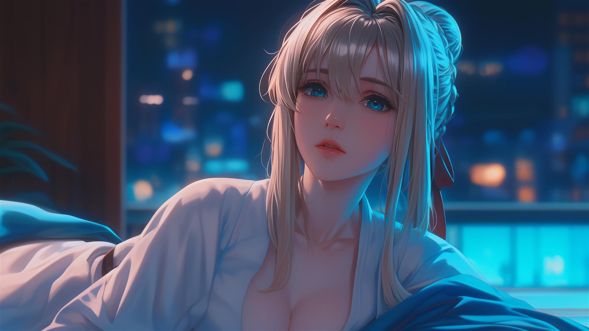 Violet Evergarden resting at apartment with moonlight glow