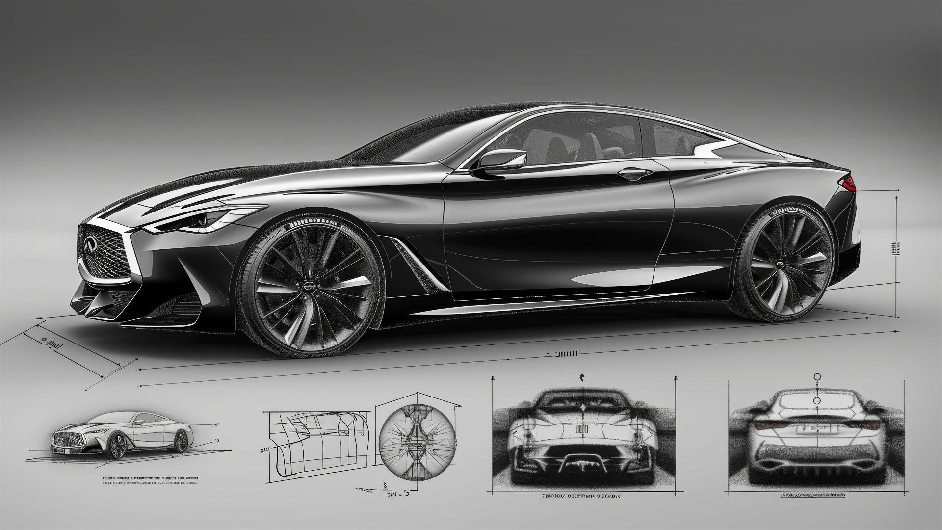 Black and white Infiniti Q70 blueprint and sketch, 3/4 front view