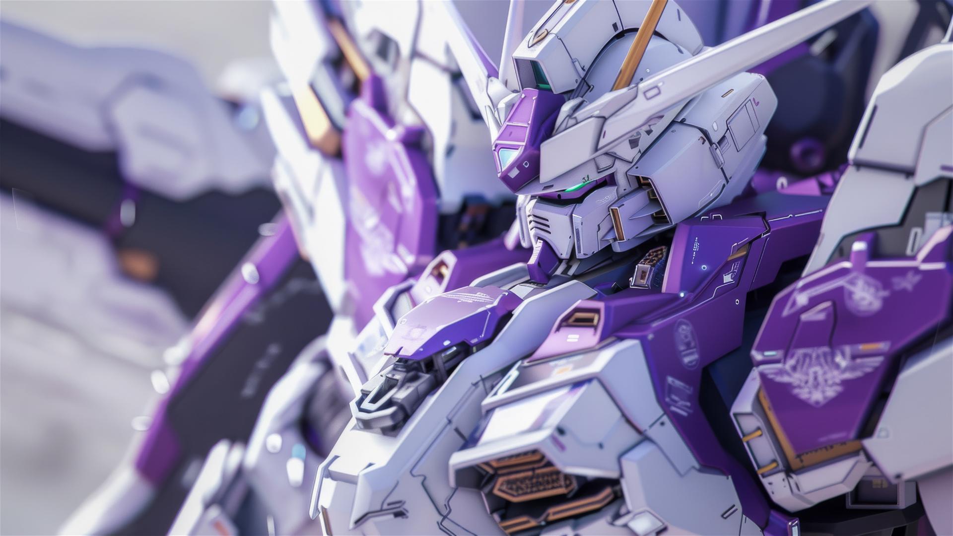 Close-up of white and purple Wing Gundam with intricate details in Unreal Engine.