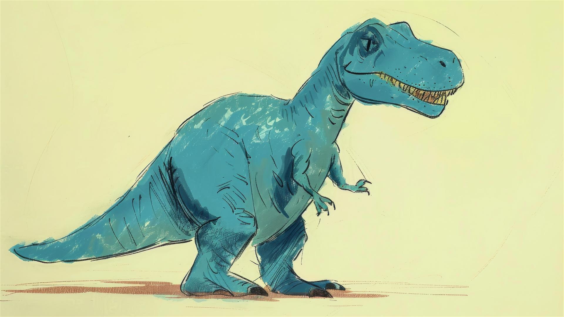 Child's crayon drawing of a blue T-Rex with a simple background.