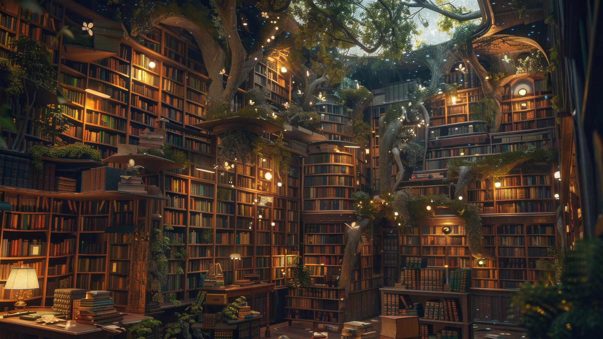 Old library with floating books and mystical creatures, Studio Ghibli style.