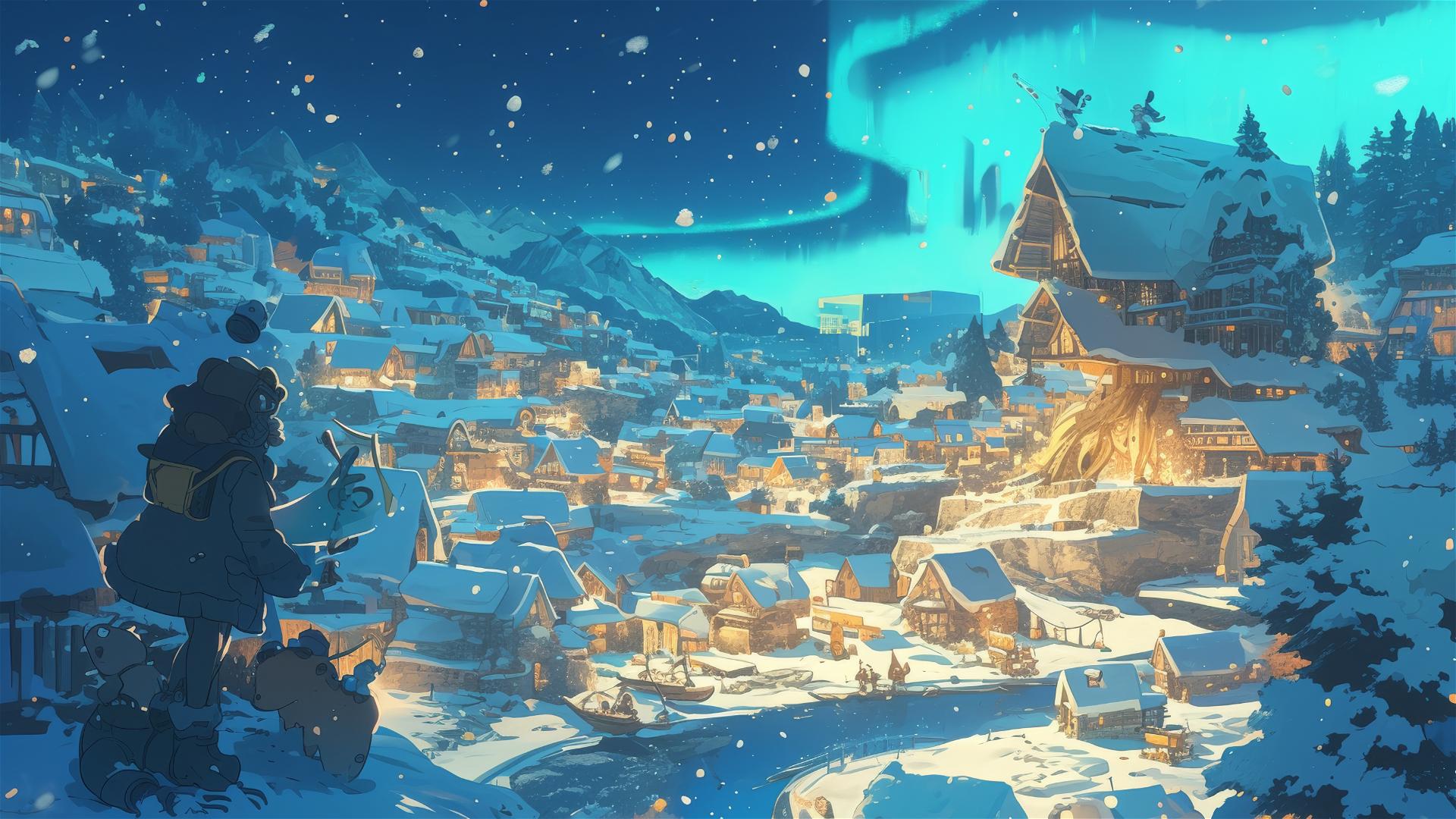 Ghibli-style winter scene with snow, mythical creatures, and aurora.