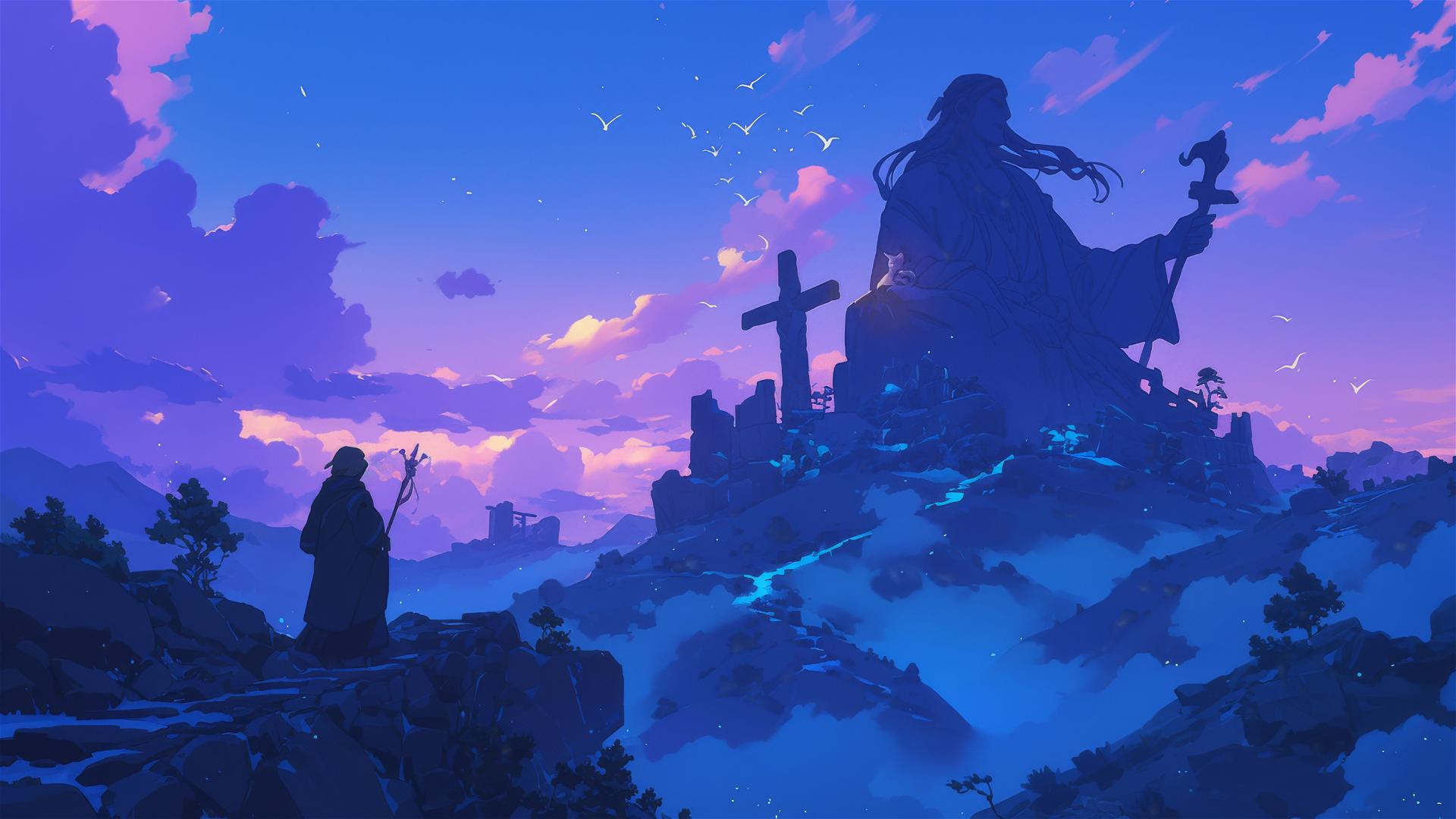 Ghibli-style anime mountain pass at dusk with travelers and spirits.