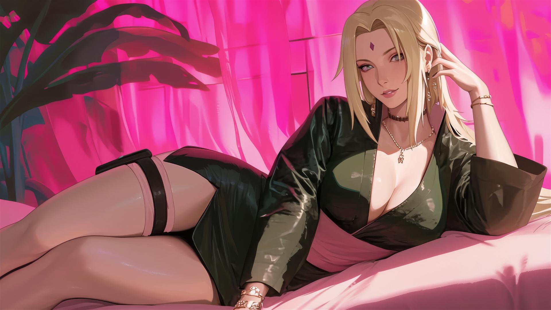 Tsunade from Naruto in black and pink outfit on bed, neon pink backdrop