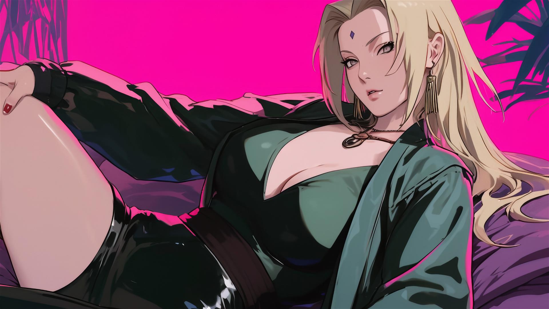 Tsunade from Naruto in black and pink outfit on bed, neon pink backdrop.