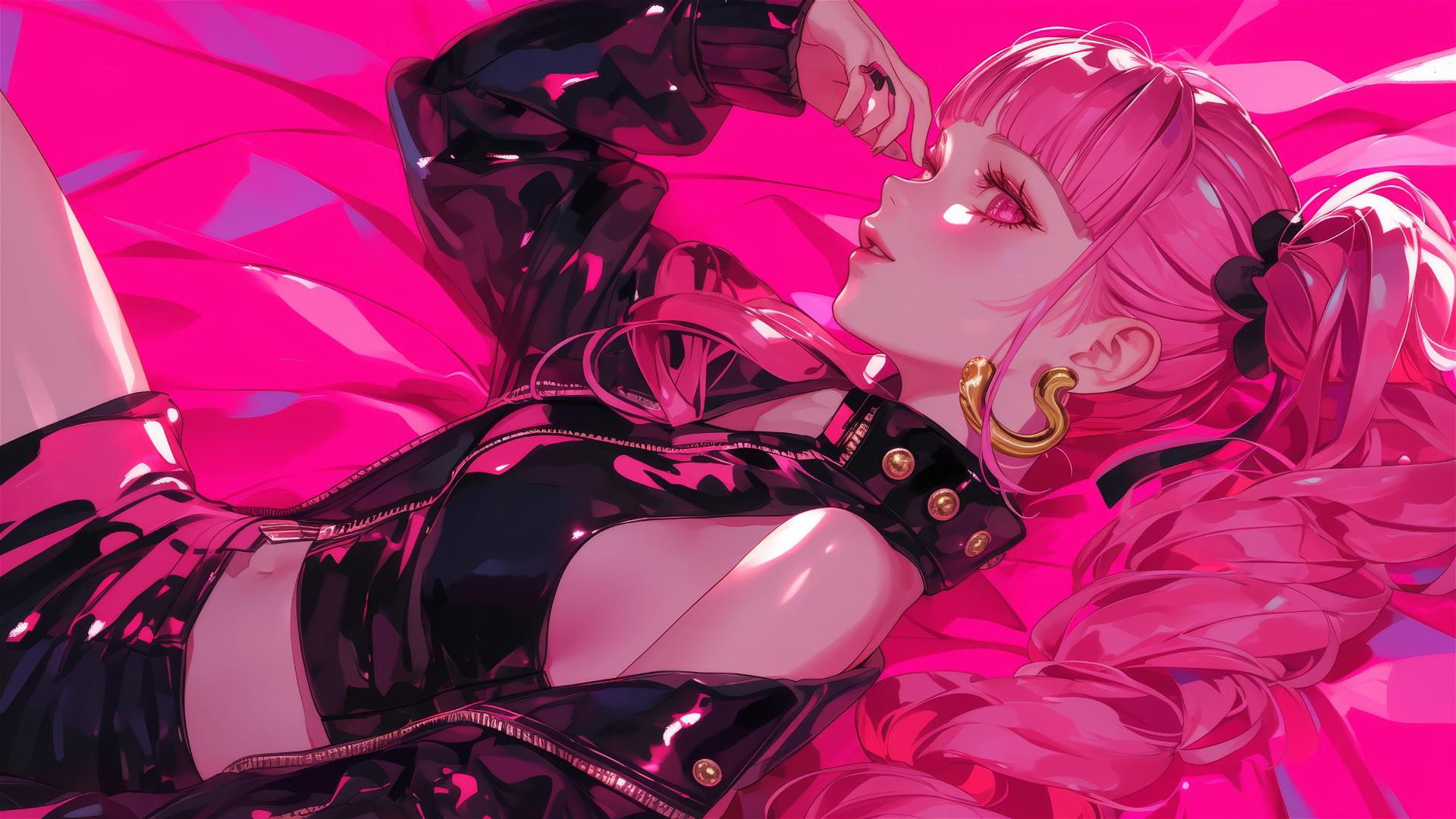 Perona in black and pink leather, gold earrings, neon pink backdrop, air swirling.