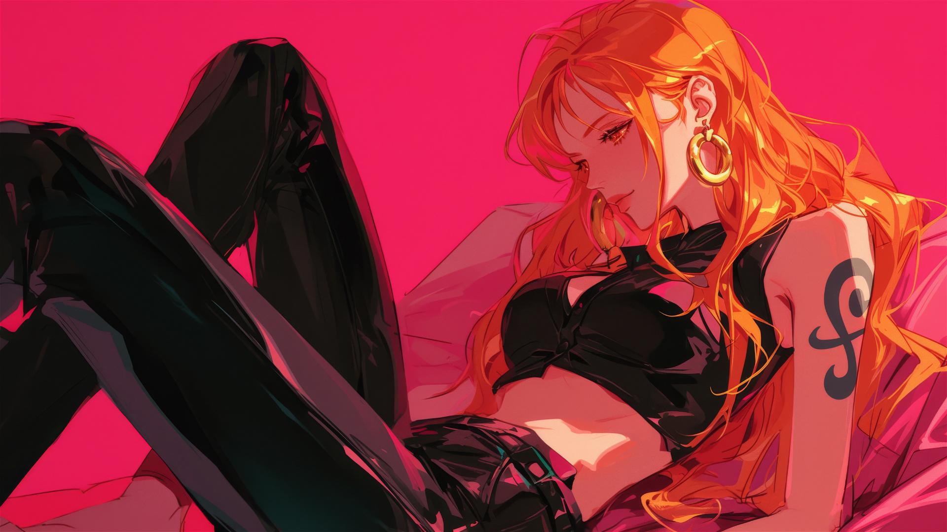 Nami in black and pink leather, gold earrings, neon accents, pink background, hyper-realistic anime style.