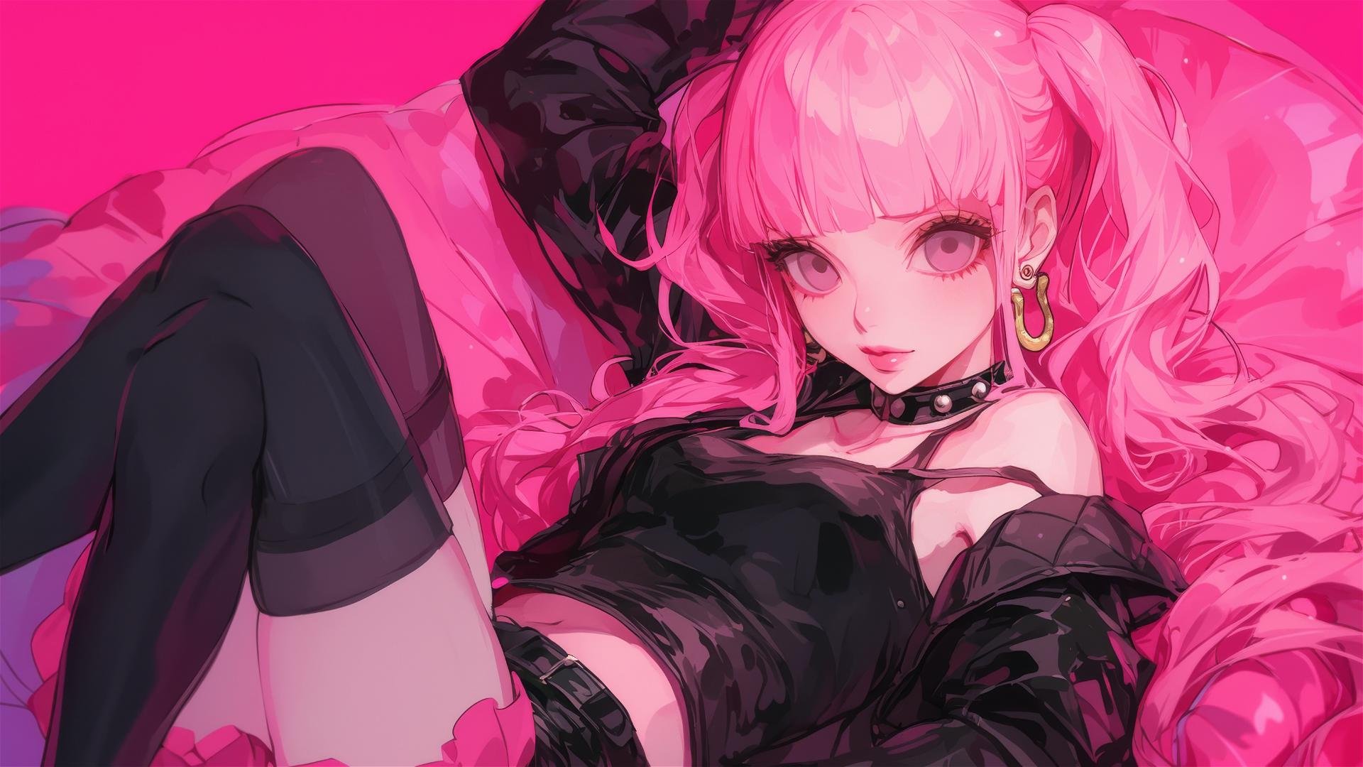 Perona from One Piece in black and pink leather on a bed, neon pink background.