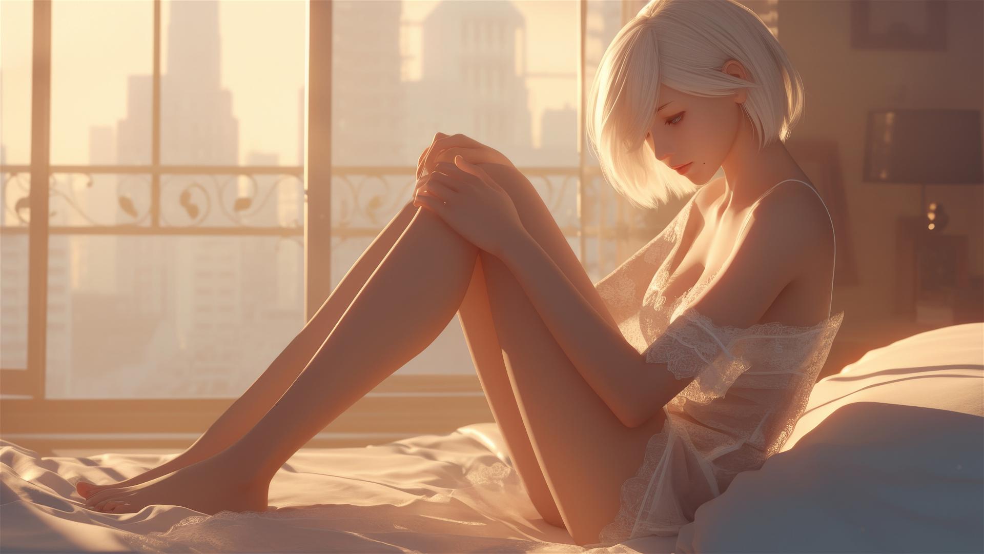 2B from Nier in white silk pajamas, resting at sunrise.