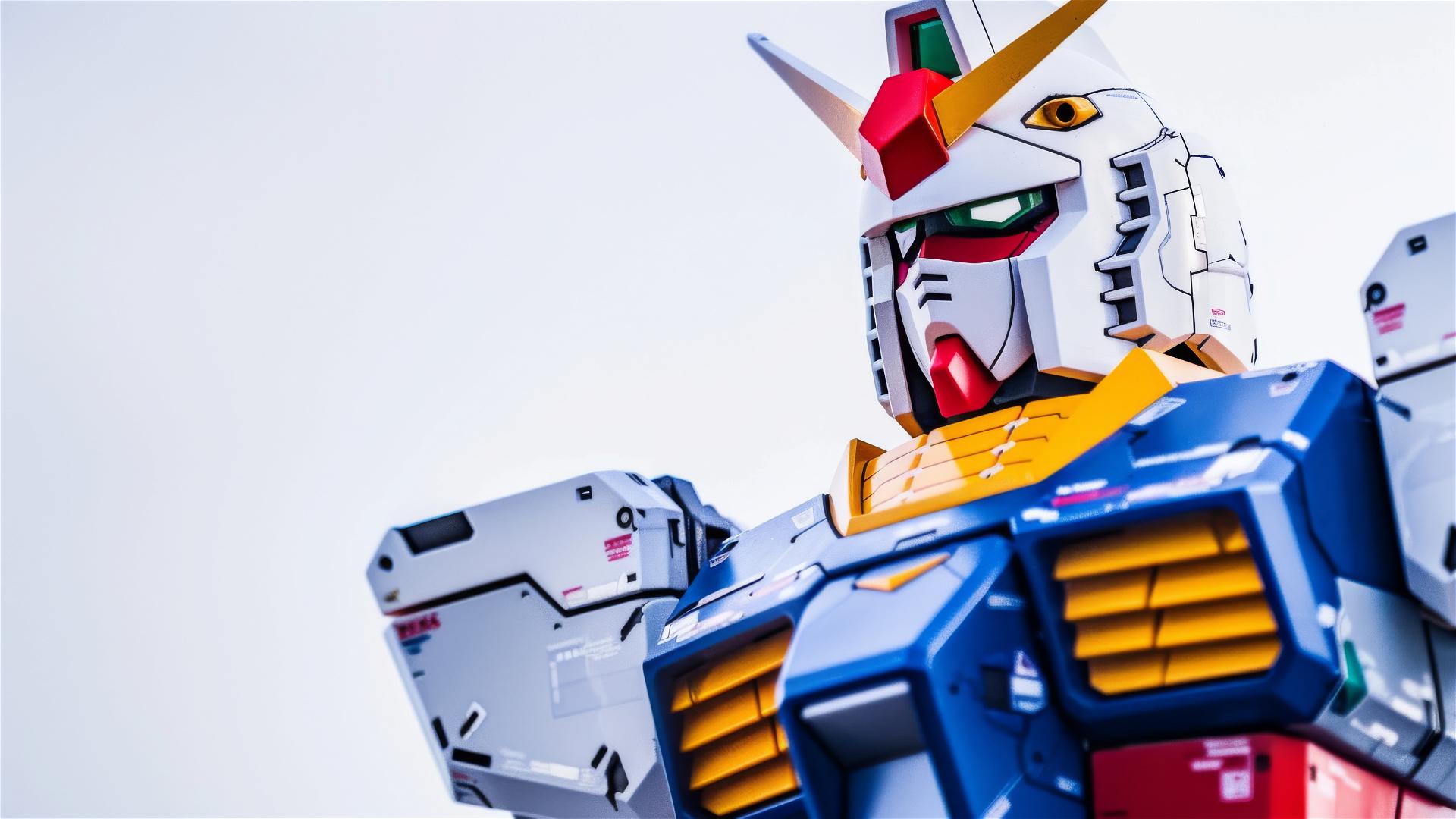 Close-up portrait of Gundam Mecha, head to torso, on a white background