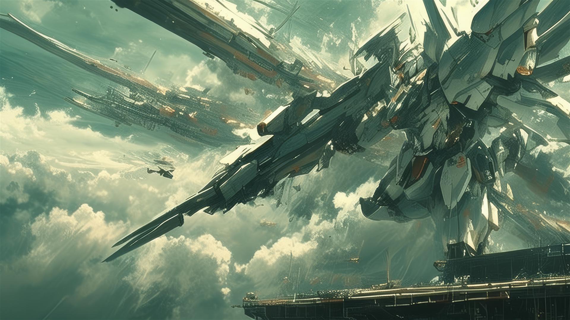 Gundam flying through the air, Roger Deakins style