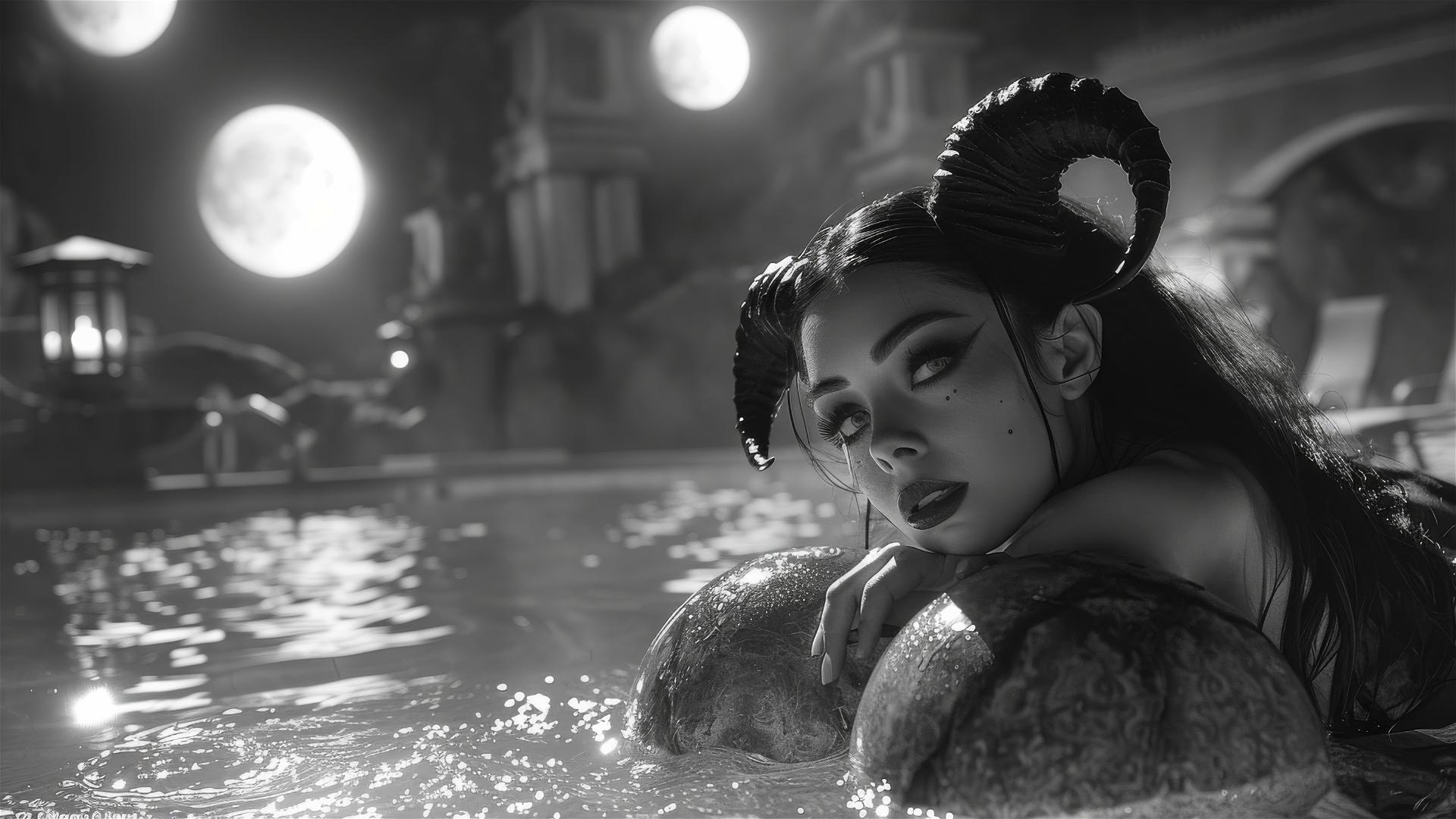 Black and white photo of Asian female demon with horns by poolside under moonlight