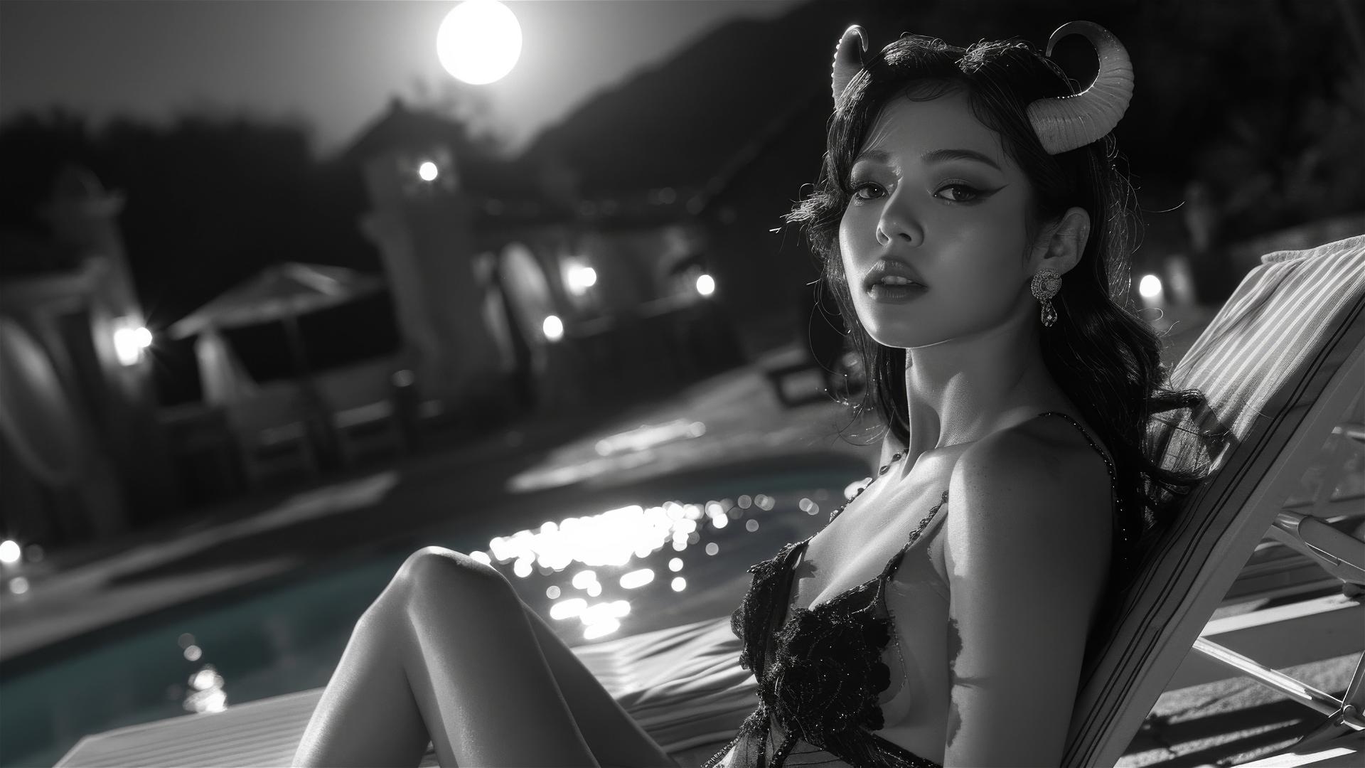 Black and white photo of an Asian female demon with horns lying beside a pool under moonlight