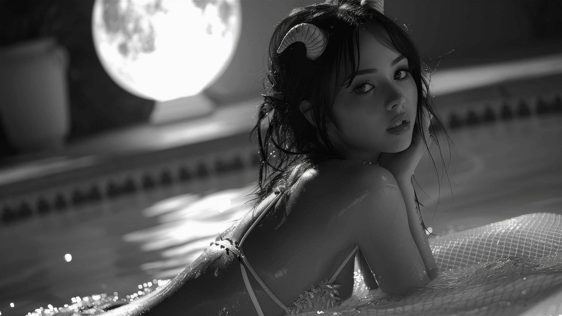 Black and white side view of Asian female demon with horns lying by pool in moonlight