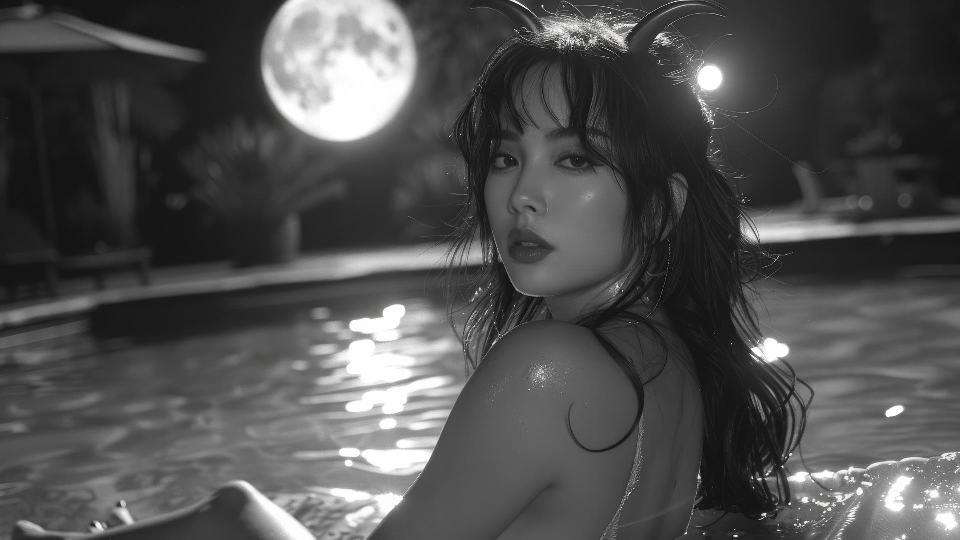 Asian female demon with horns lying by a pool in moonlight