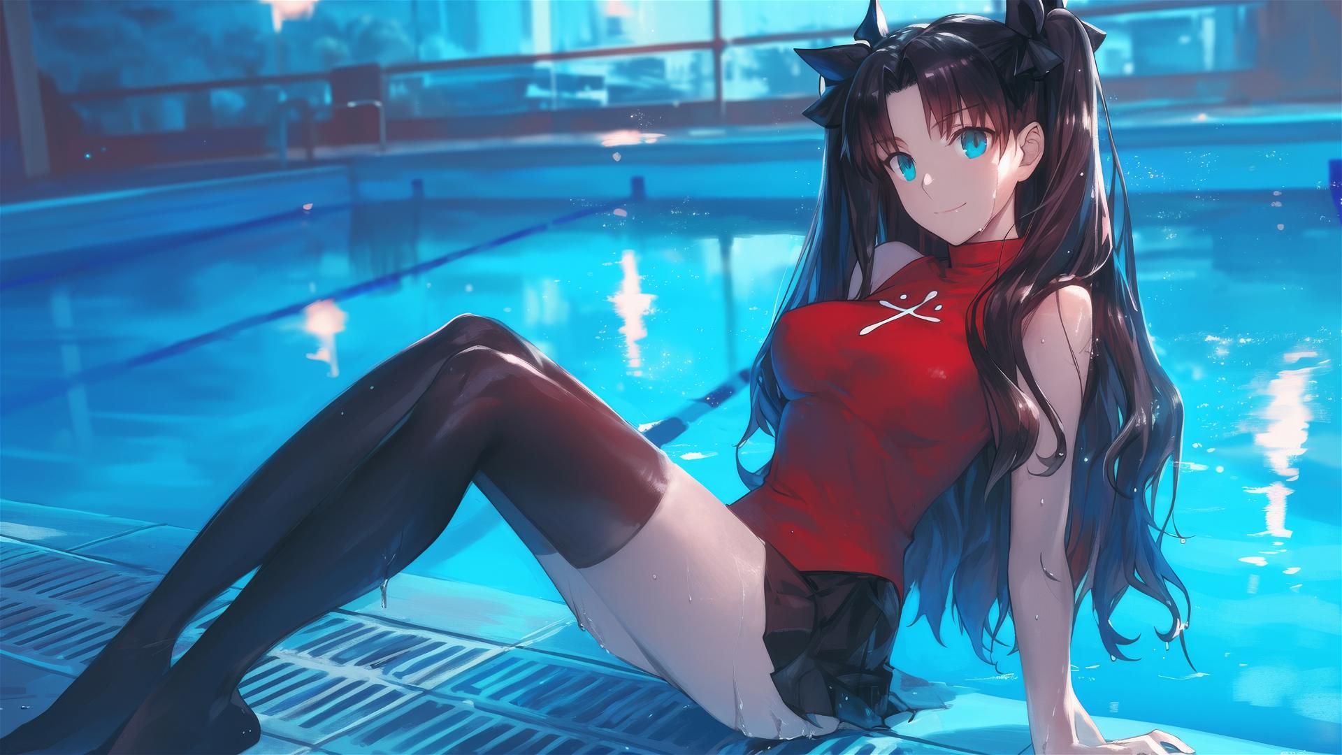 Rin Tohsaka from Fate/stay night resting in a pool under moonlight