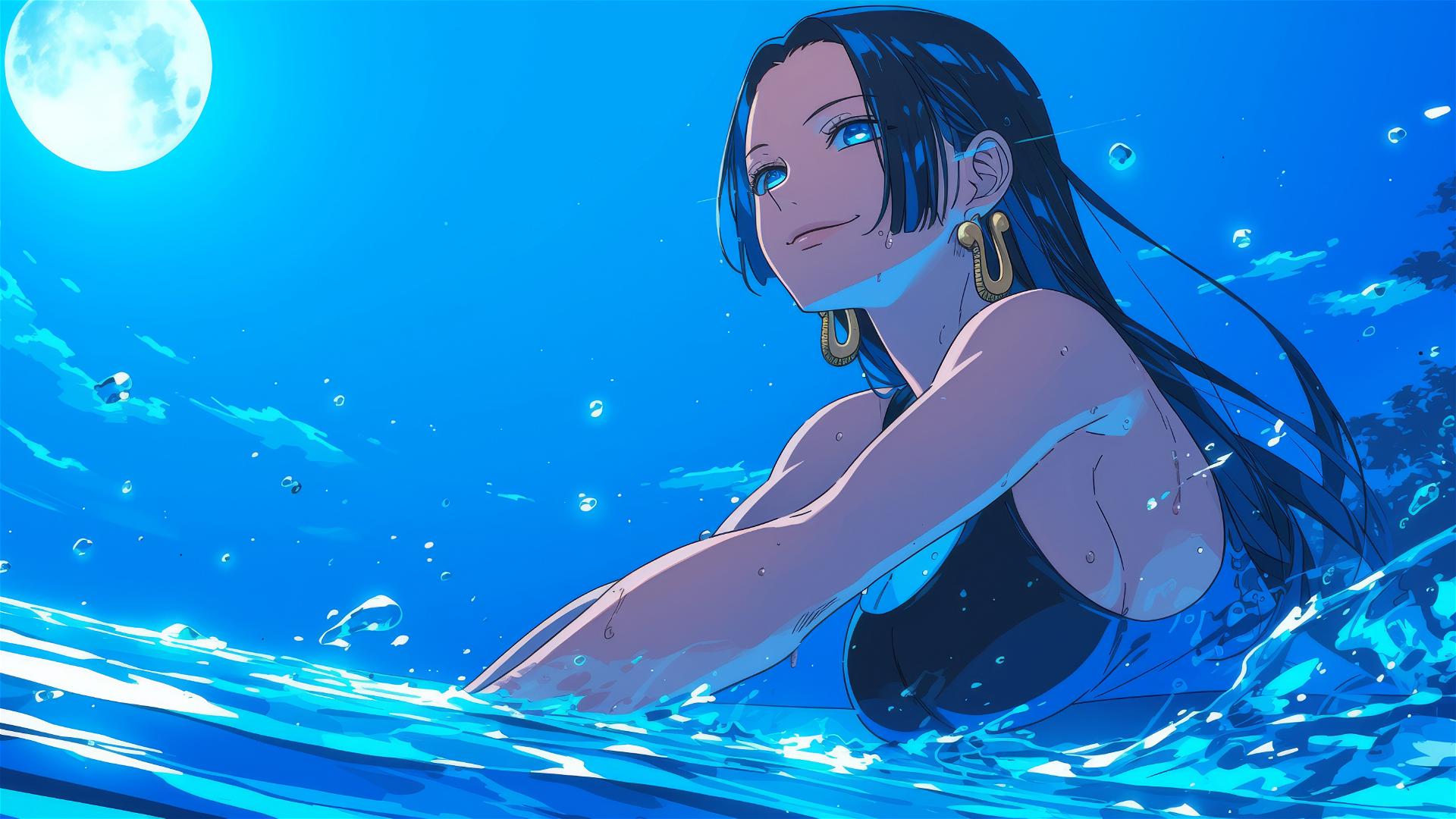 Boa Hancock from One Piece swimming in moonlit pool