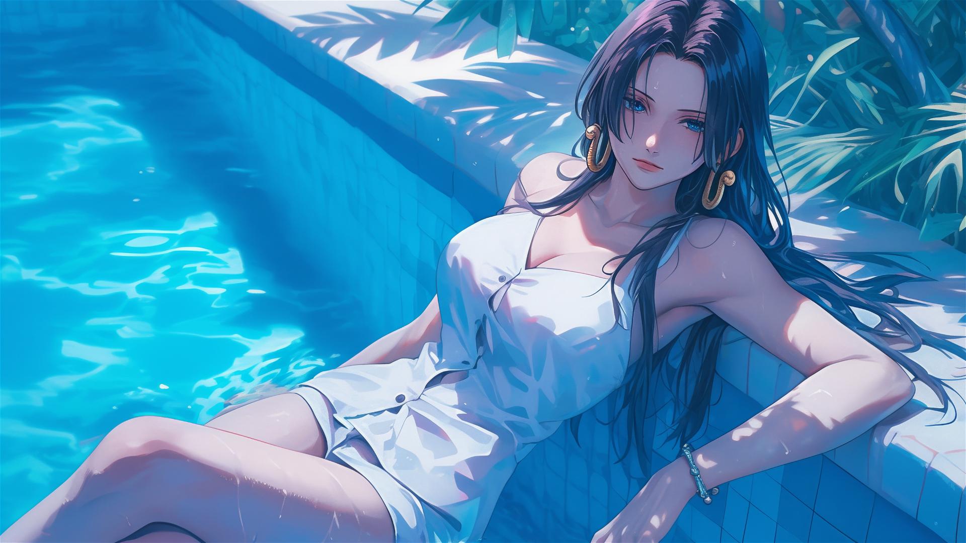 Boa Hancock from One Piece resting by a pool under moonlight