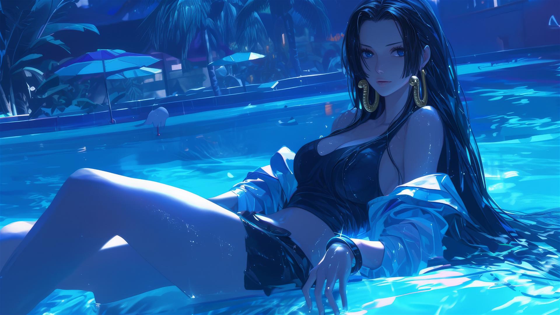 Boa Hancock from One Piece by the pool under moonlight
