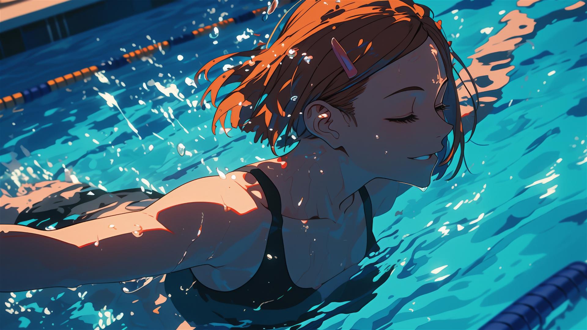 Nobara Kugisaki from Jujutsu Kaisen swimming in moonlit pool