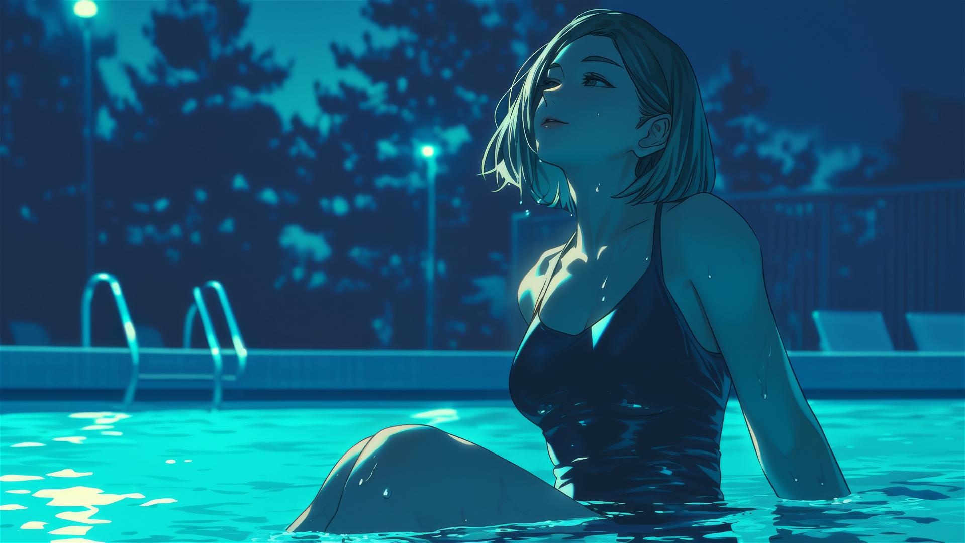 Nobara Kugisaki in pool, moonlight glow