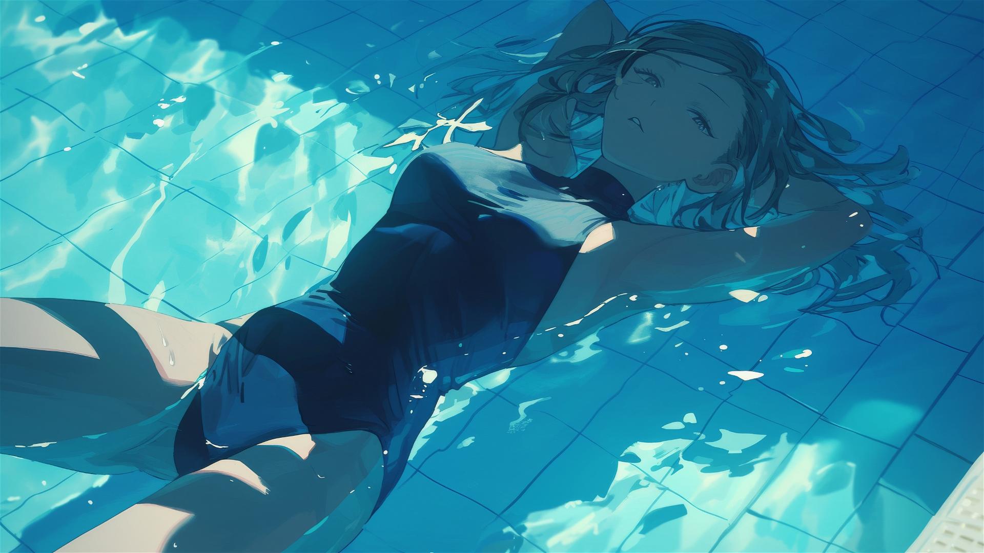 Nobara Kugisaki from Jujutsu Kaisen swimming in moonlit pool