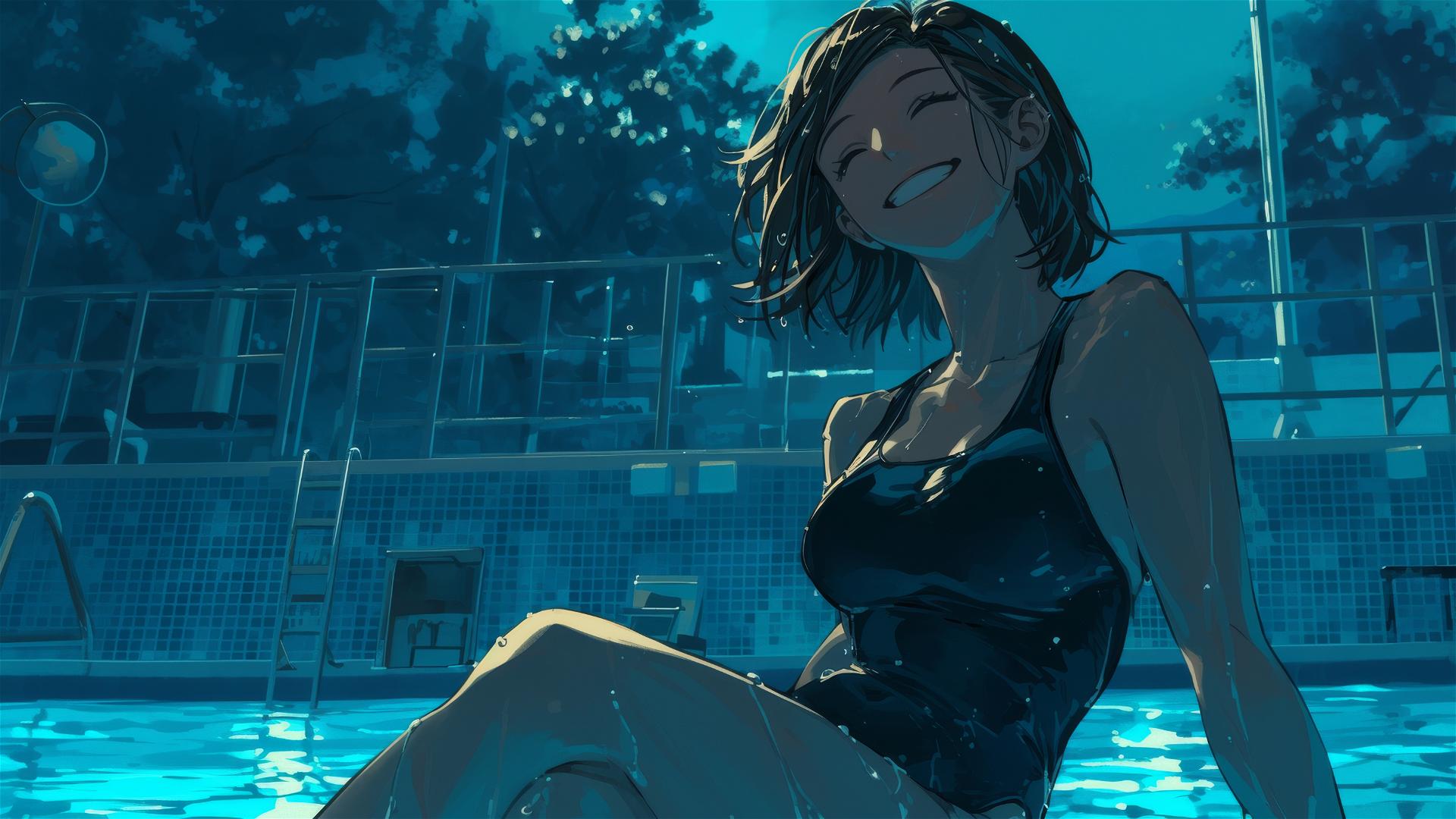 Nobara Kugisaki from Jujutsu Kaisen resting by the pool under moonlight