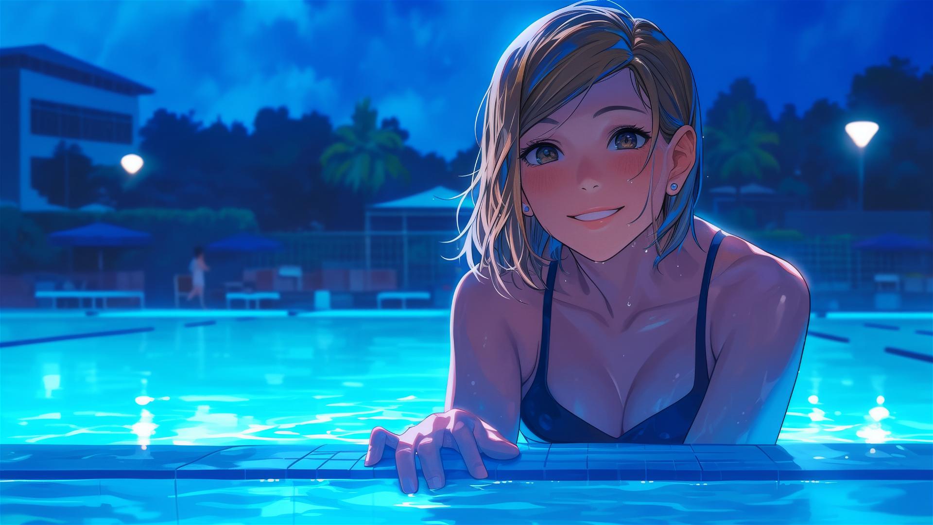 Nobara Kugisaki from Jujutsu Kaisen by the pool under moonlight