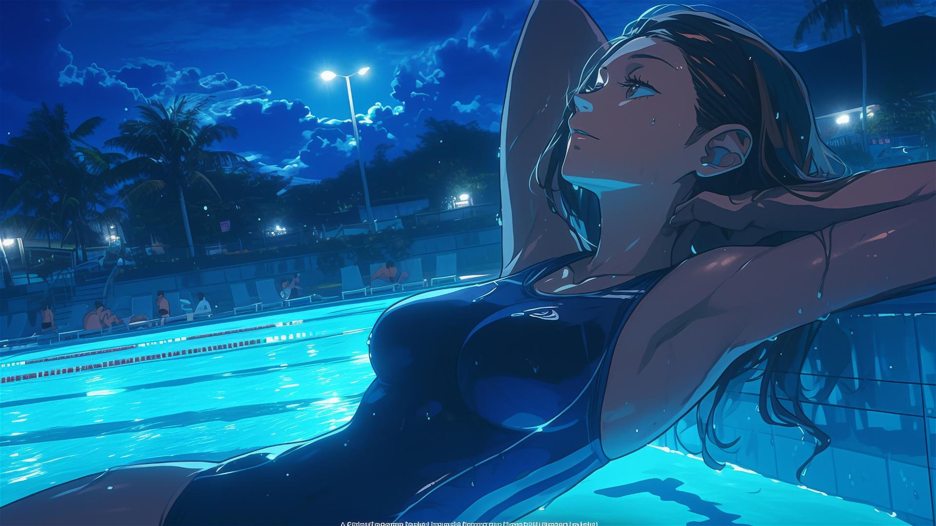 Nobara Kugisaki from Jujutsu Kaisen resting by the pool under moonlight