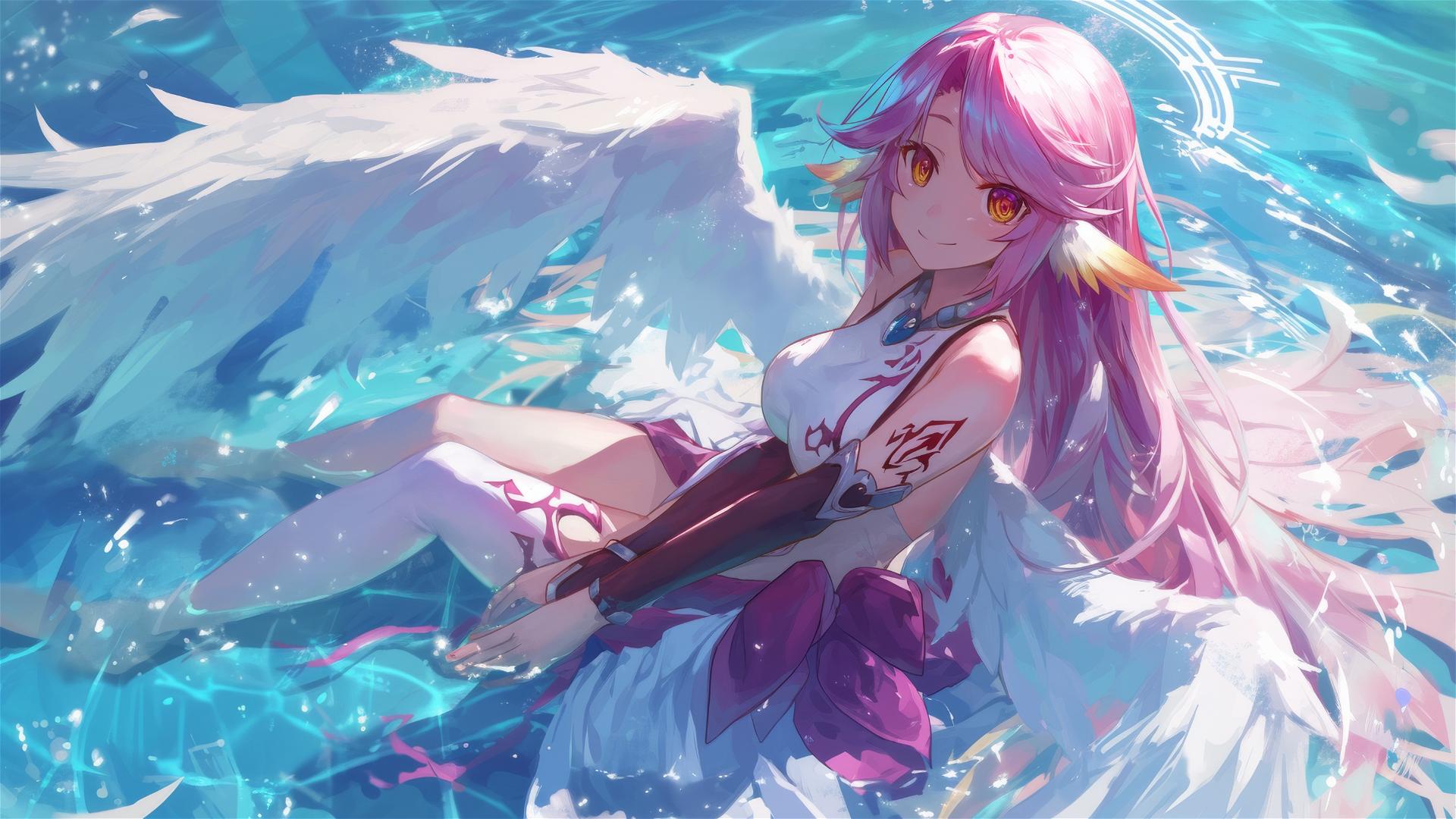 Jibril from No Game No Life swimming in moonlit pool