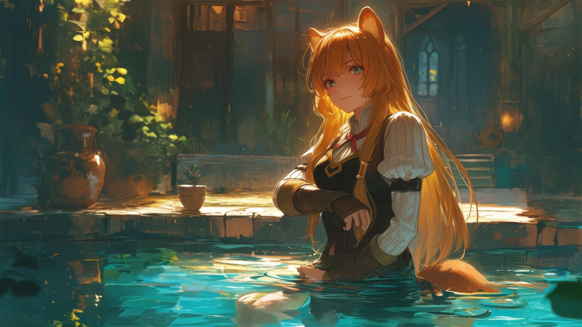 Raphtalia from The Rising of the Shield Hero standing in a pool under moonlight