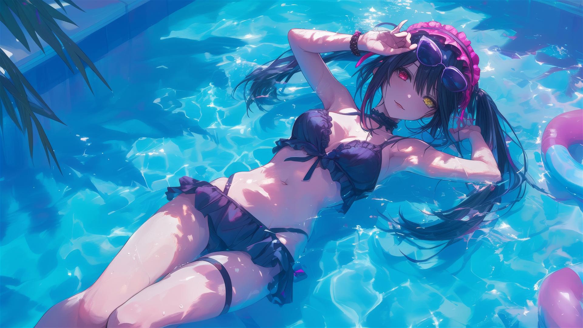 Kurumi Tokisaki from Date A Live swimming in a pool under moonlight