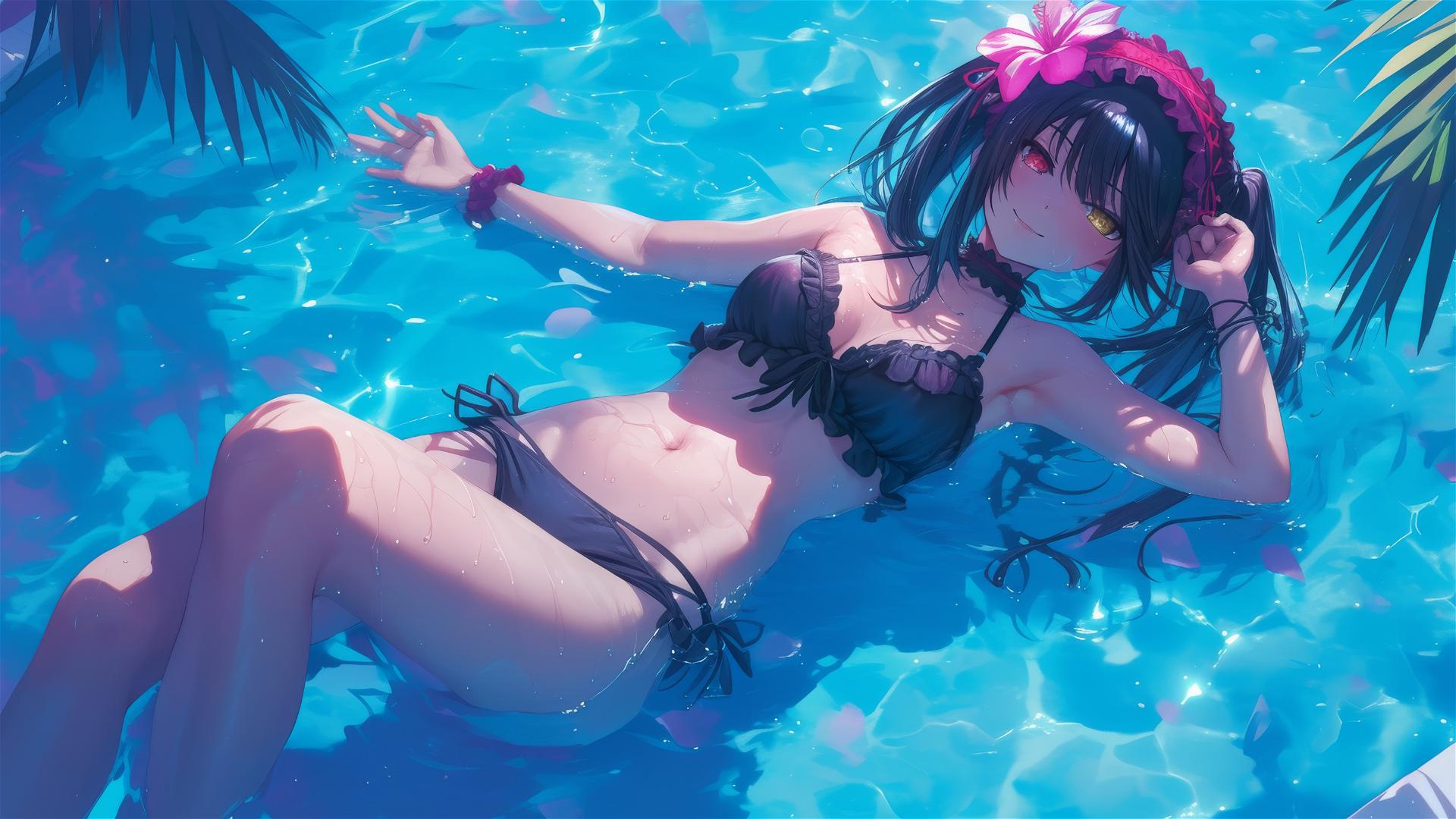 Kurumi Tokisaki from Date A Live swimming in moonlit pool