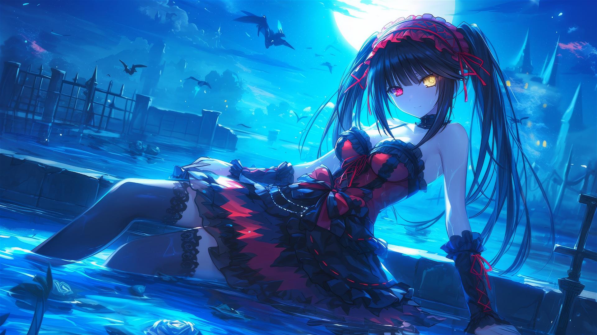 Kurumi Tokisaki swimming under moonlight