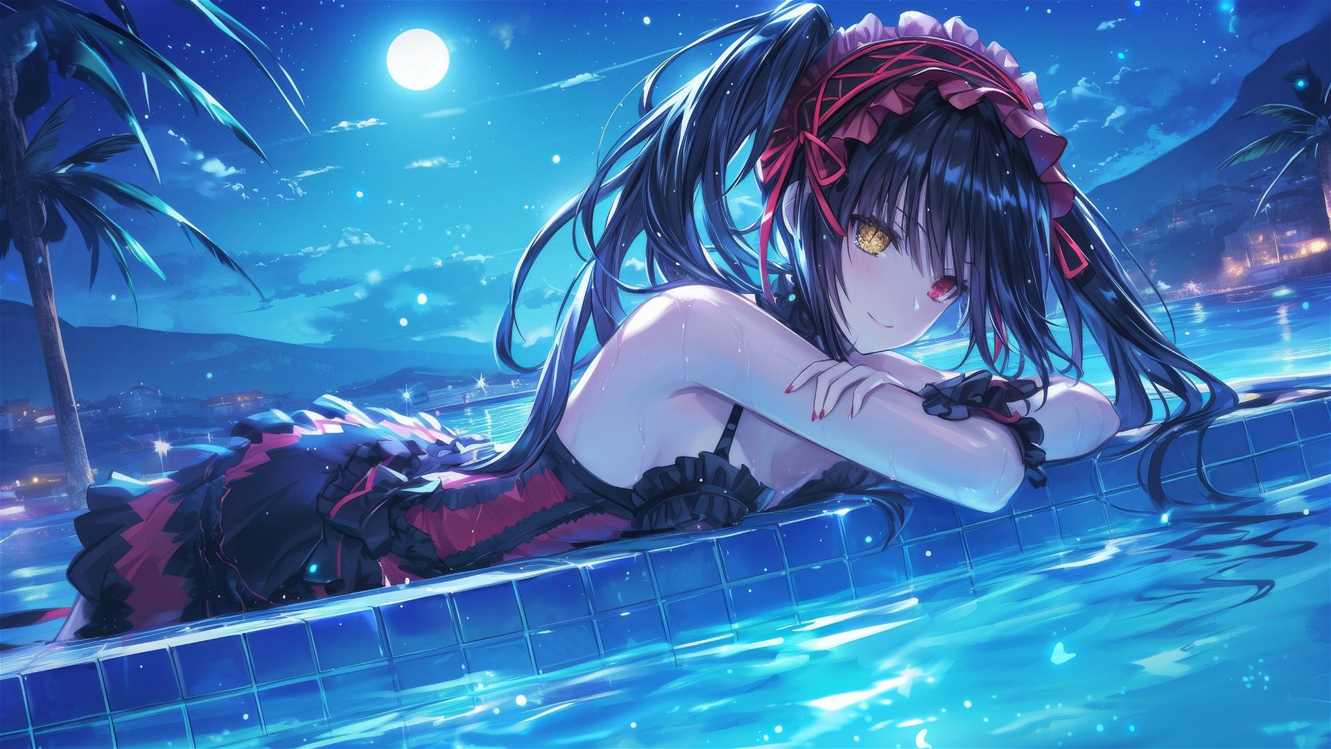 Kurumi Tokisaki from Date A Live swimming in moonlit pool
