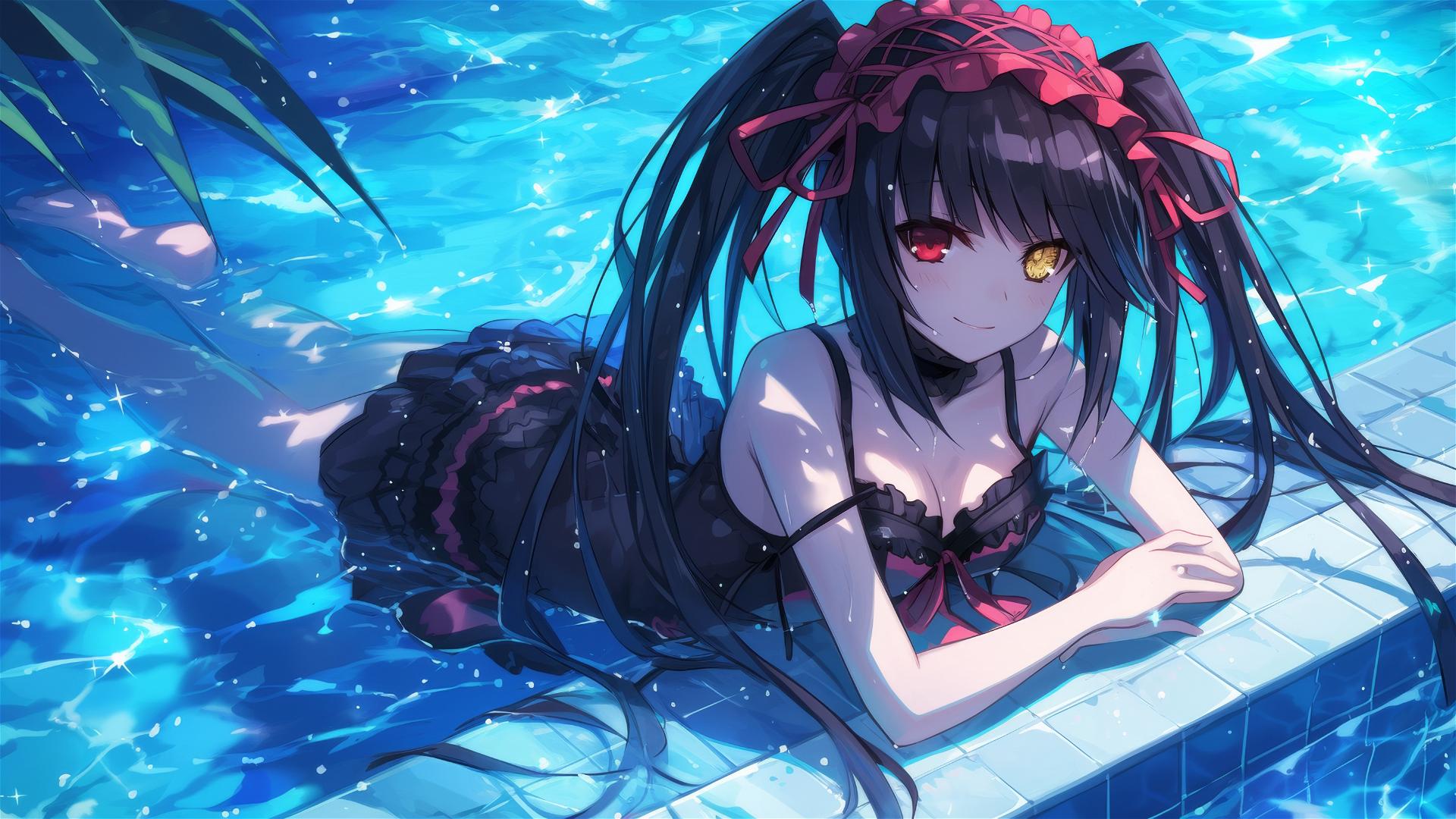 Kurumi Tokisaki swimming under moonlight