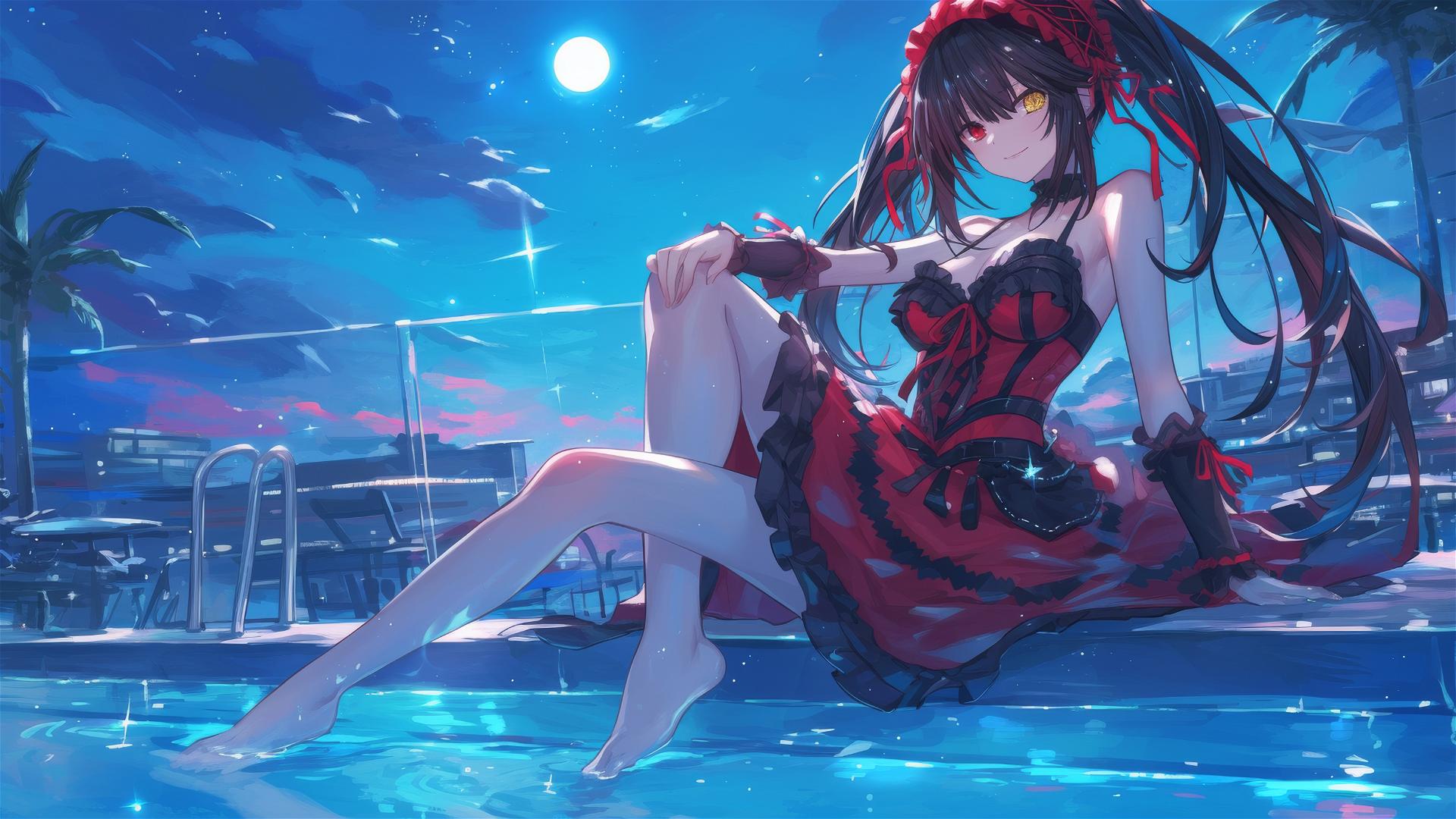 Kurumi Tokisaki by the pool in moonlight