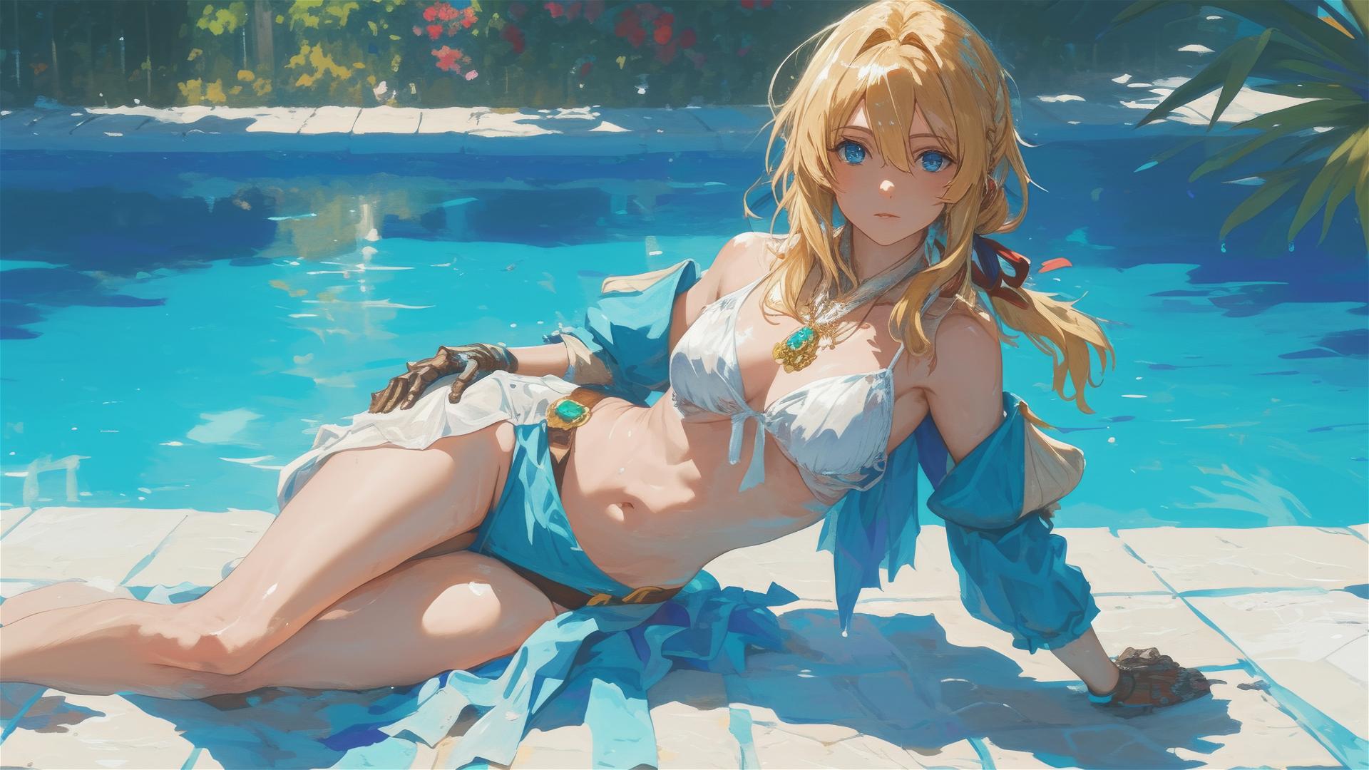 Violet Evergarden resting by pool under moonlight