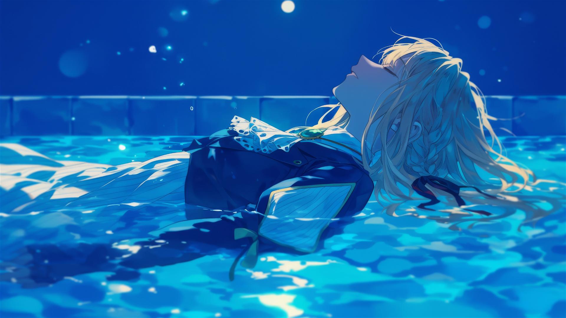 Violet Evergarden swimming in pool with moonlight glow