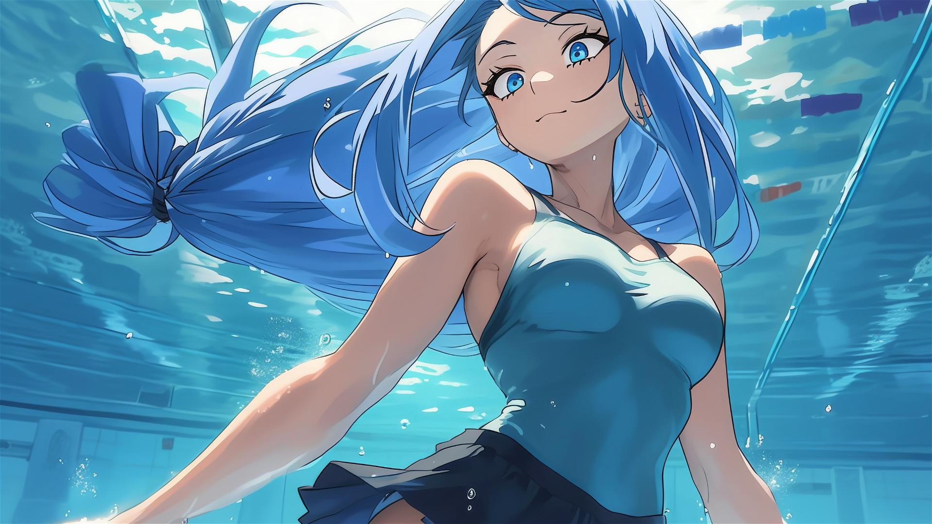 Nejire Hadou from My Hero Academia standing in a pool under moonlight with blue eyes