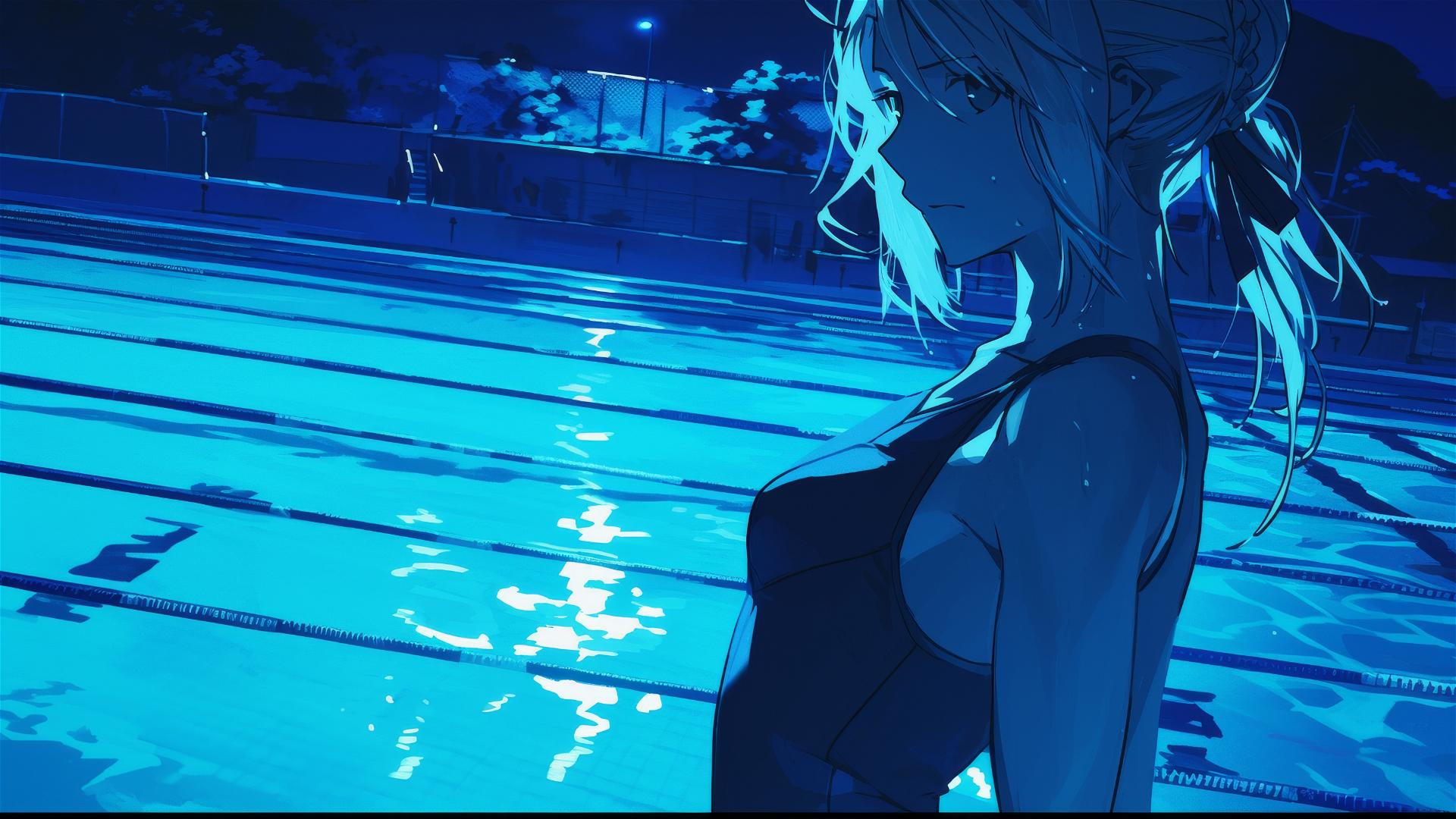 Saber from Fate/Zero standing in pool under moonlight