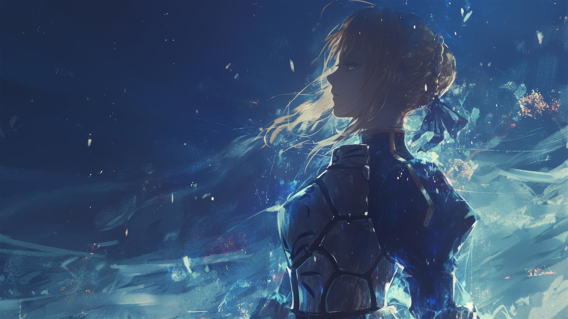 Saber from Fate/Zero standing in pool under moonlight