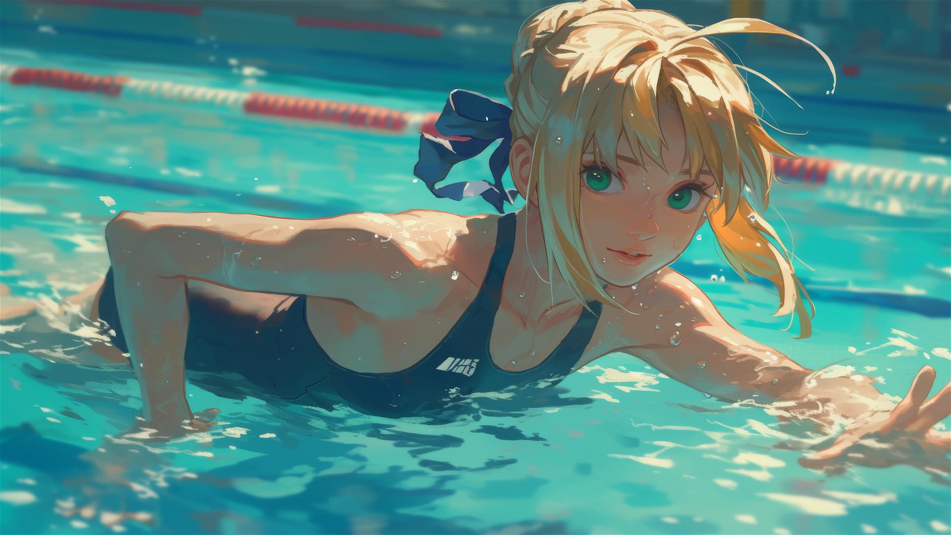 Saber from Fate/Zero swimming under moonlight