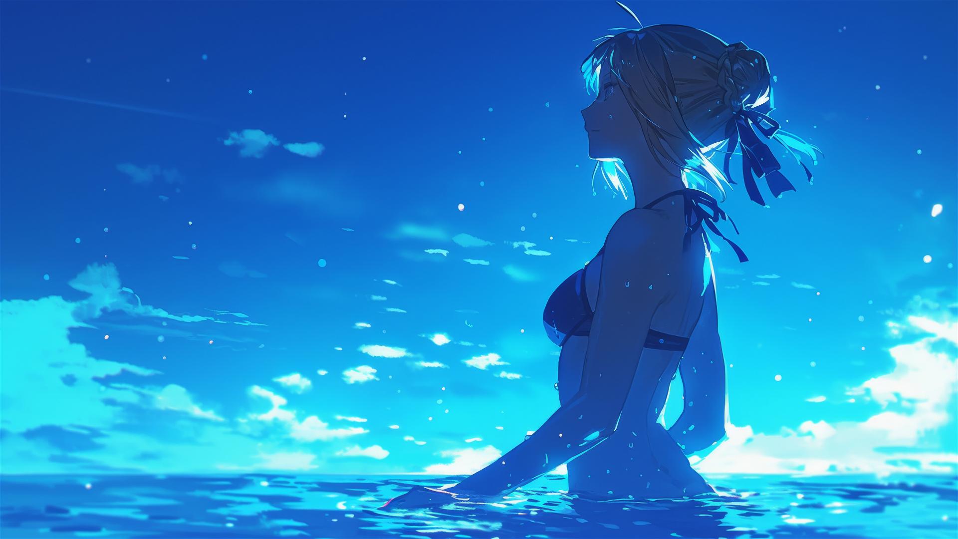 Saber from Fate/Zero standing in a pool under moonlight