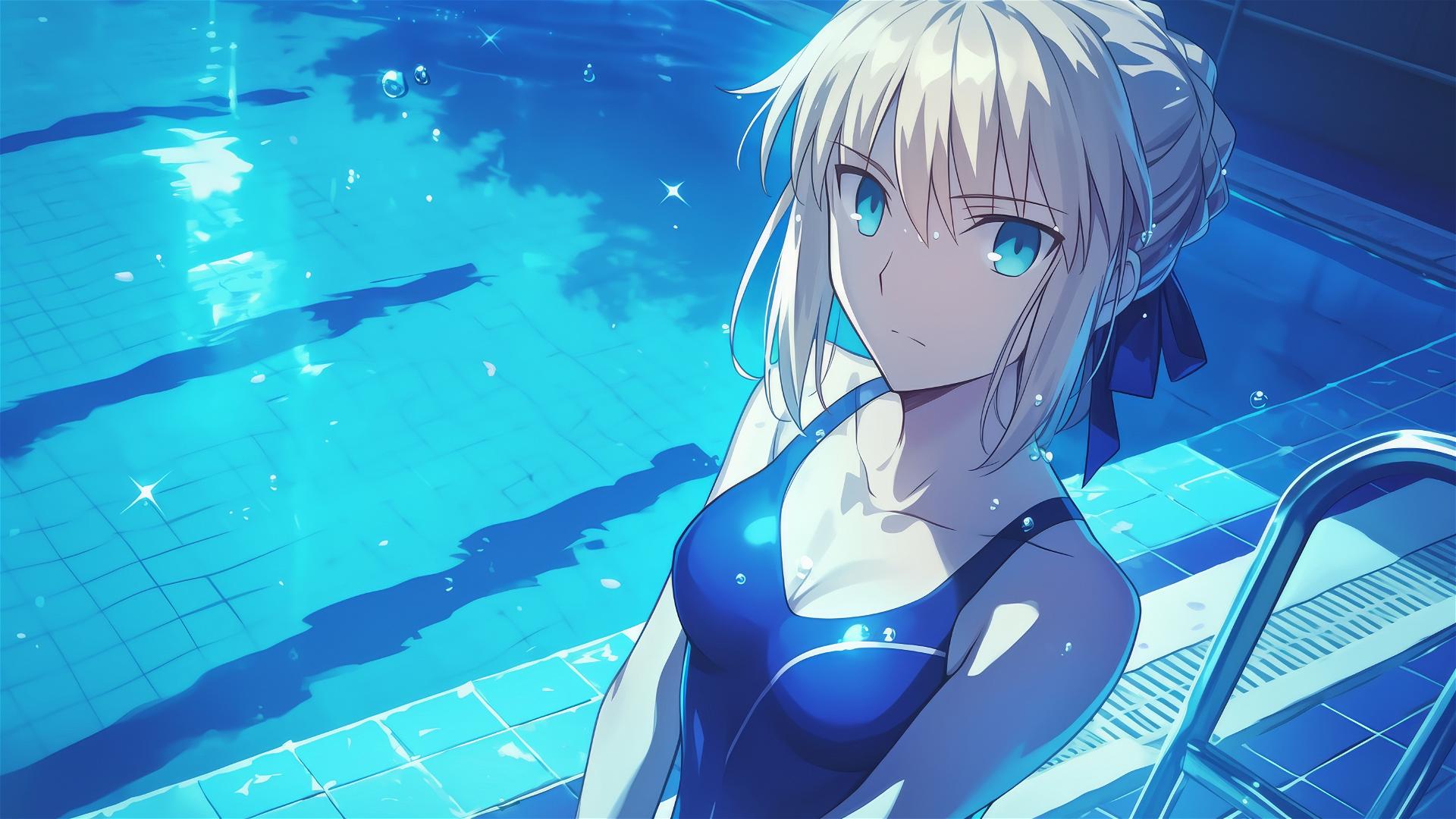Saber from Fate/Zero in pool under moonlight