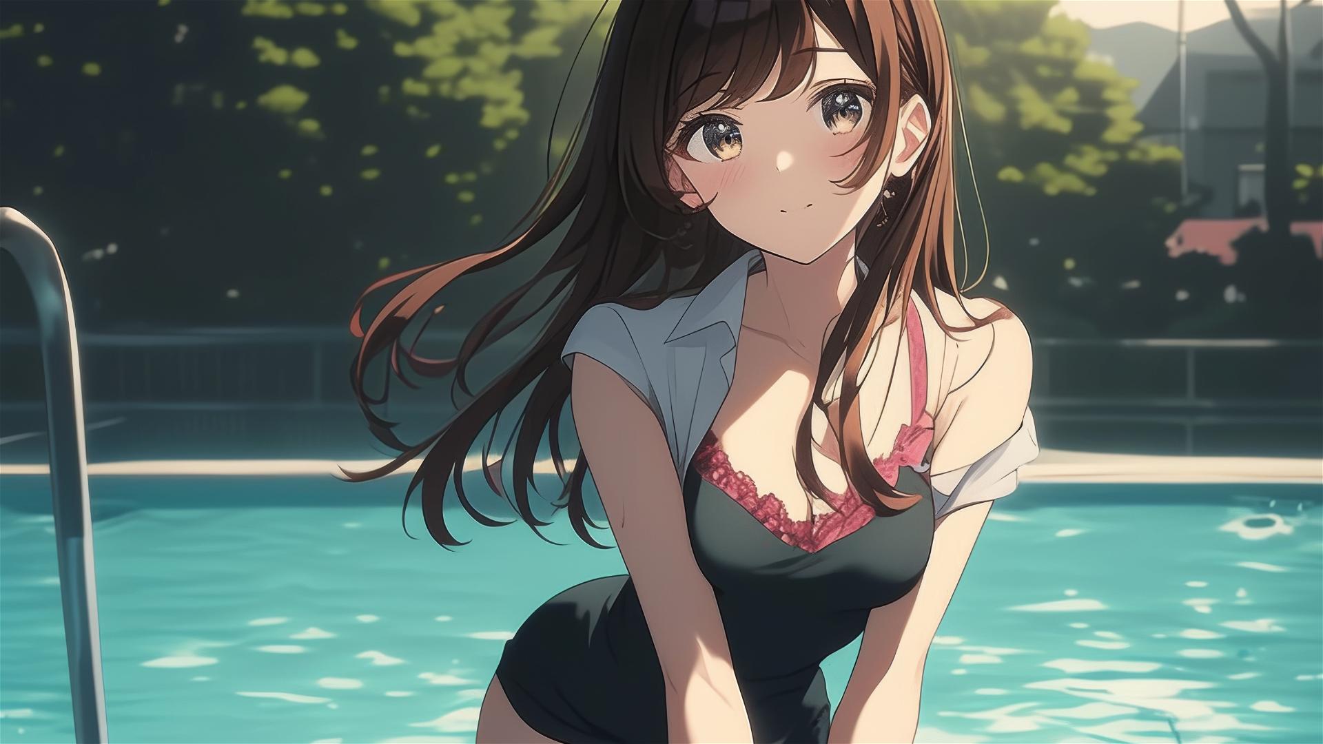Mizuhara Chizuru in pool under moonlight, brown hair, light brown eyes
