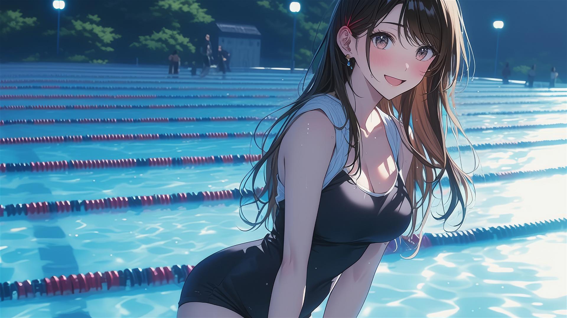 Mizuhara Chizuru stands in a pool under moonlight, brown hair, light brown eyes