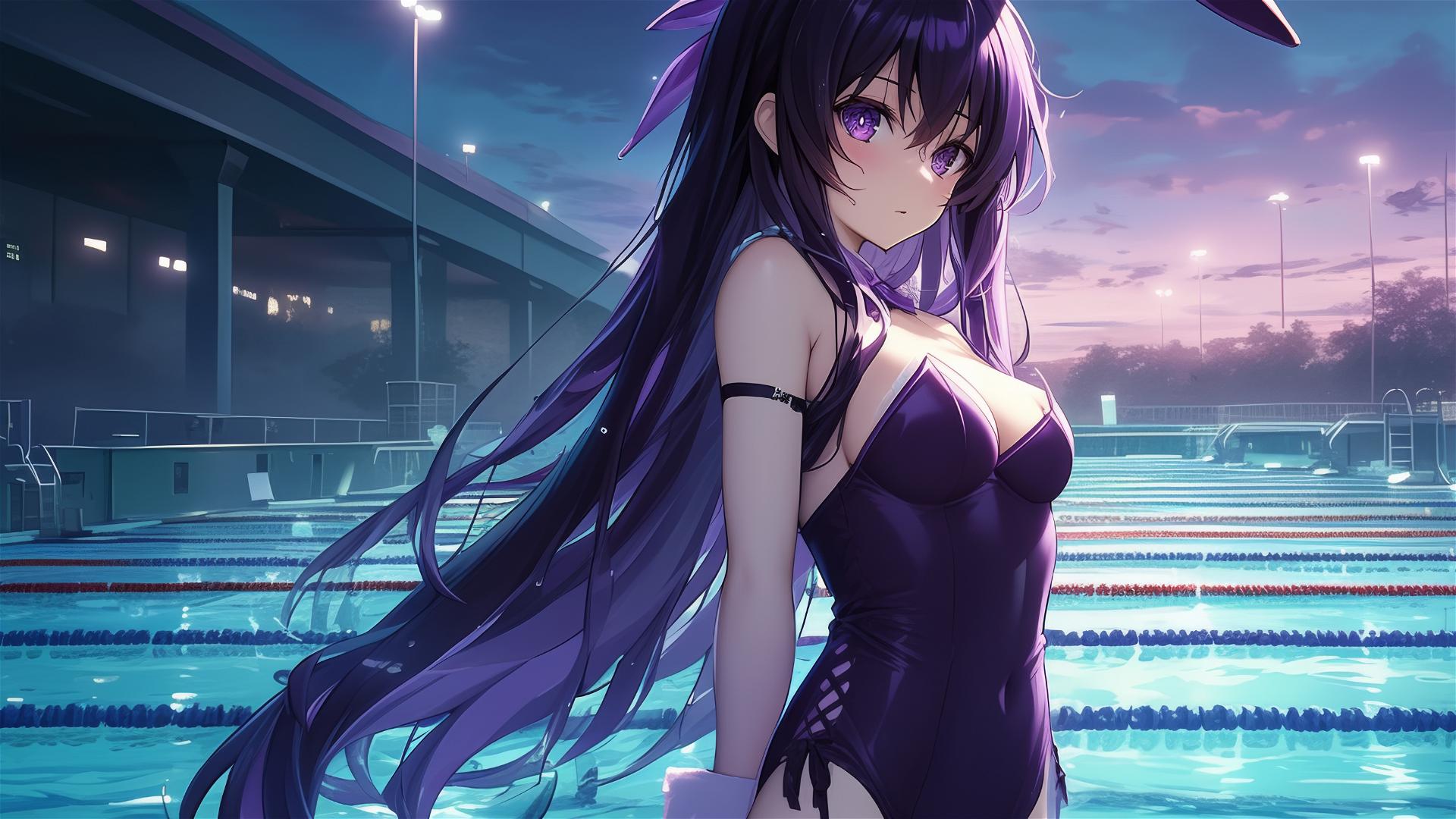 Tohka Yatogami in a pool under moonlight, bunny girl style, from Date A Live